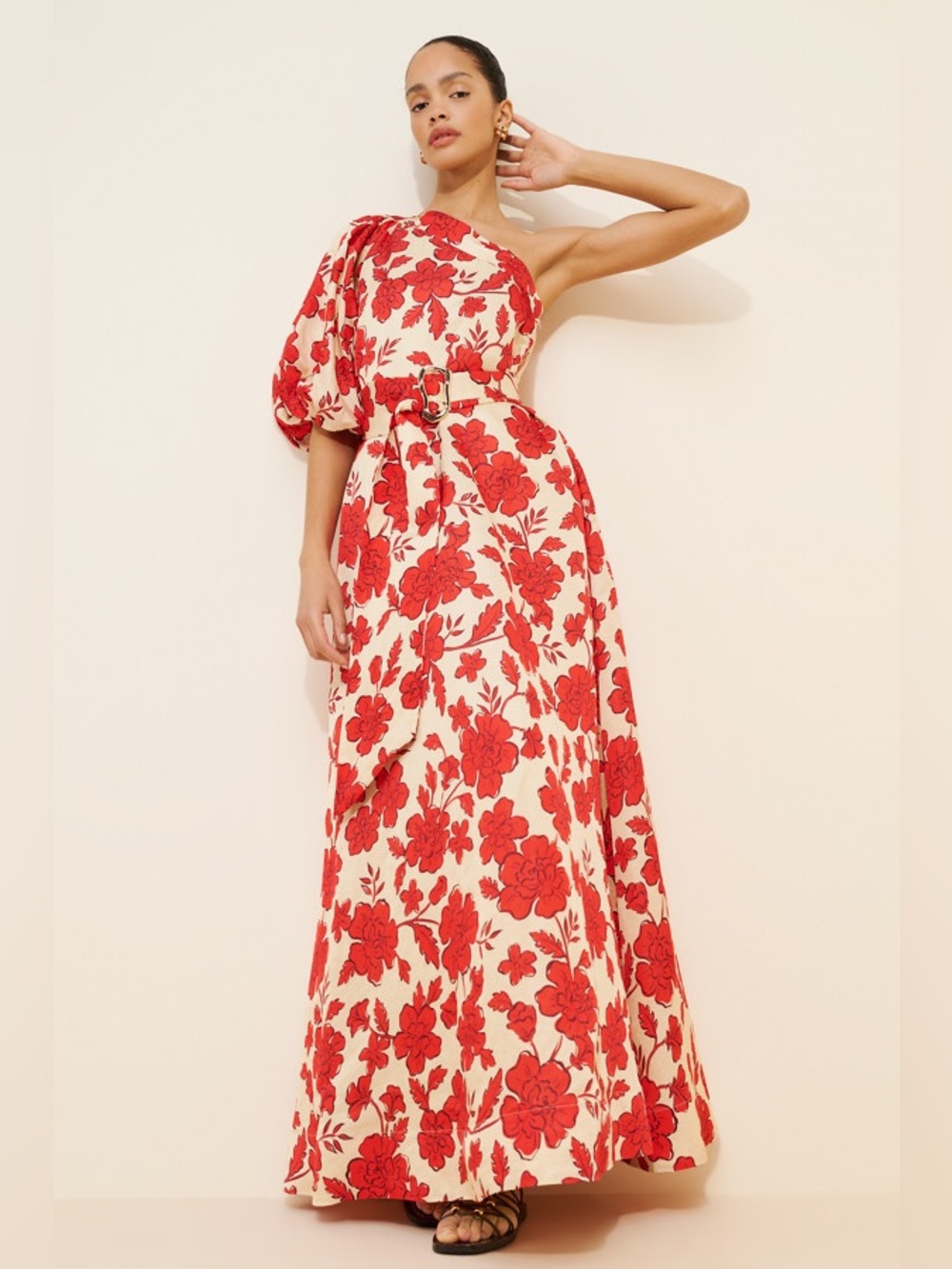 Hansen & Gretel Carmen One-Shoulder Maxi Dress Belted Wild Flower Red Sz Medium